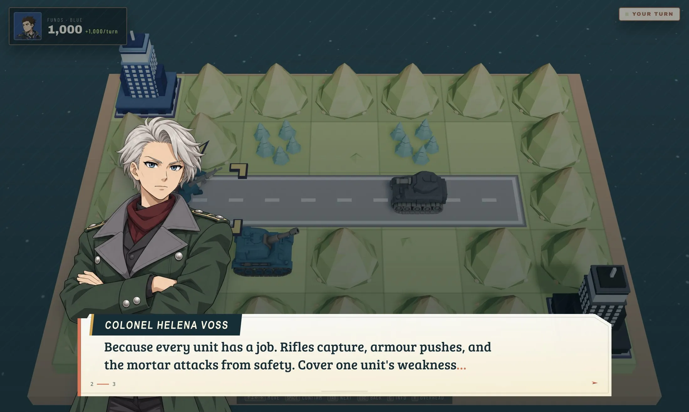 Colonel Helena Voss speaking during a battle in Low Sun