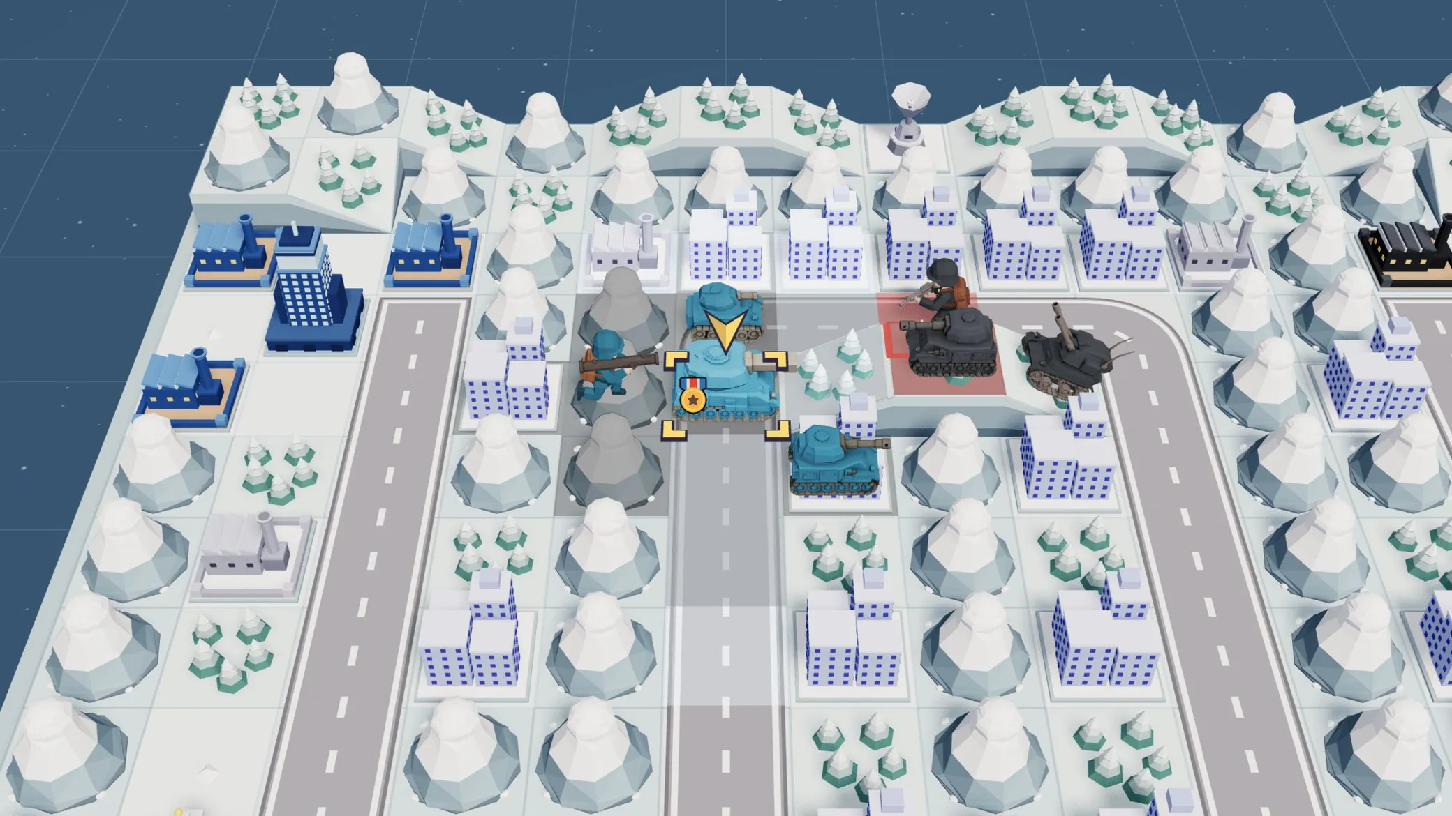 Momentum in a Low Sun battle: Darius in the Colossus, selected, with tanks and a Lancer in contact with the enemy line.