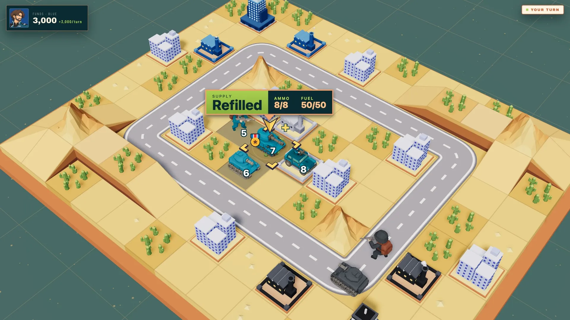 Field Repairs en una batalla de Low Sun: Reparaciones de campaña en el desierto: el Bastion de Ferris pasa de 6 a 7 PV, el Ram de 5 a 6 y el Skirmisher de 7 a 8. Los tres recuperan 1 PV gratis; los Rifles cercanos siguen en 5.