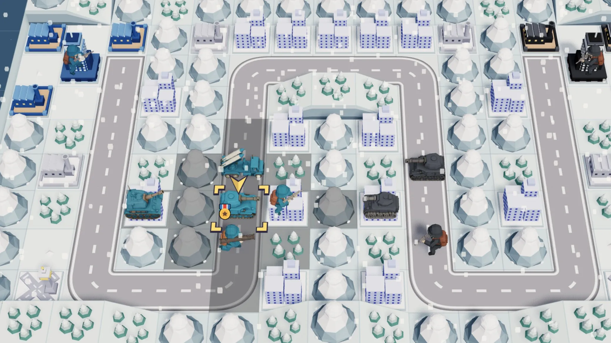 Relentless Response en una batalla de Low Sun: Un frente cubierto de nieve. Kaori va en un Bastion con un Sentinel, Rifles y un Lancer dentro de su aura, esperando a que los tanques enemigos ataquen primero.