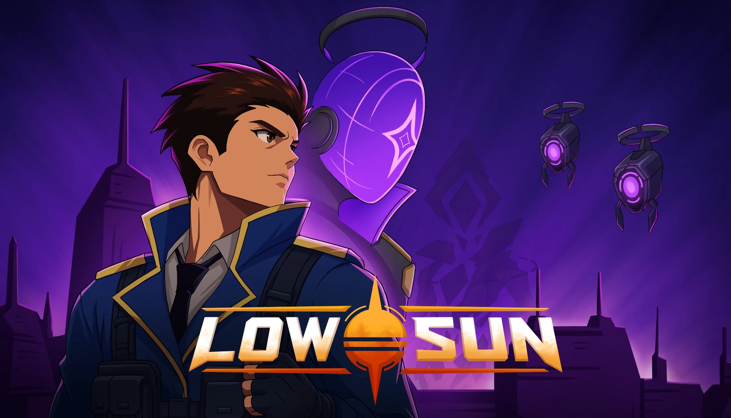 Low Sun key art: Commander Adrian Vale in front of a violet city skyline, with the Low Sun logo.