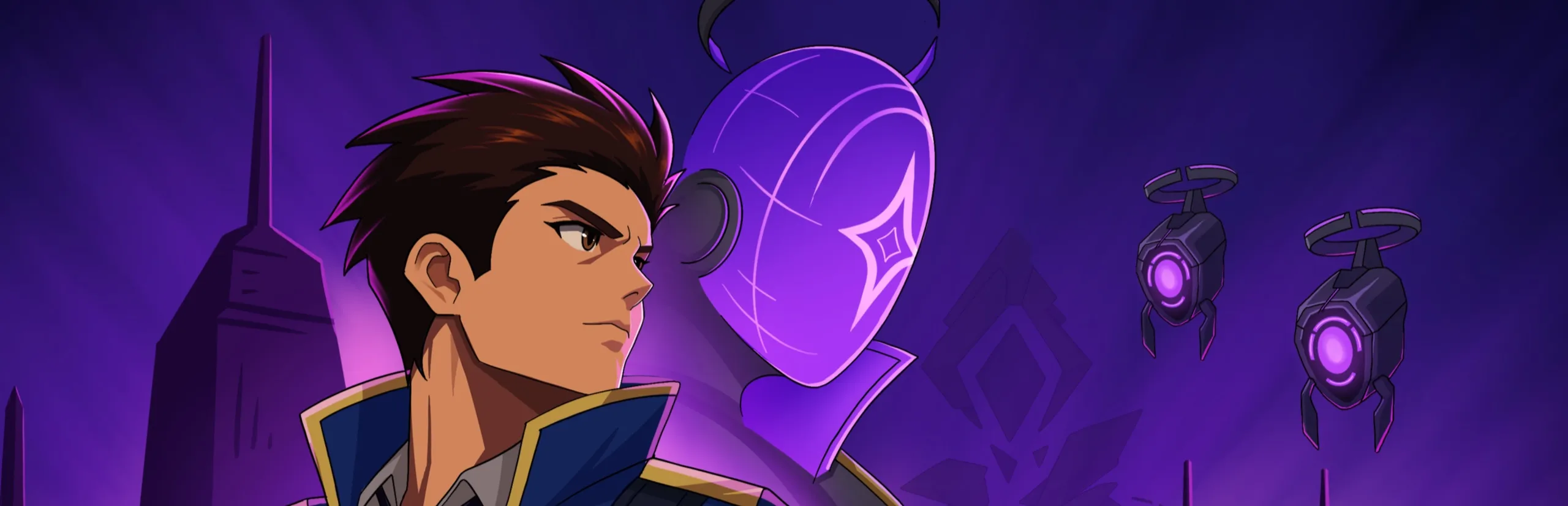 Low Sun banner art: Commander Adrian Vale against a violet night skyline.