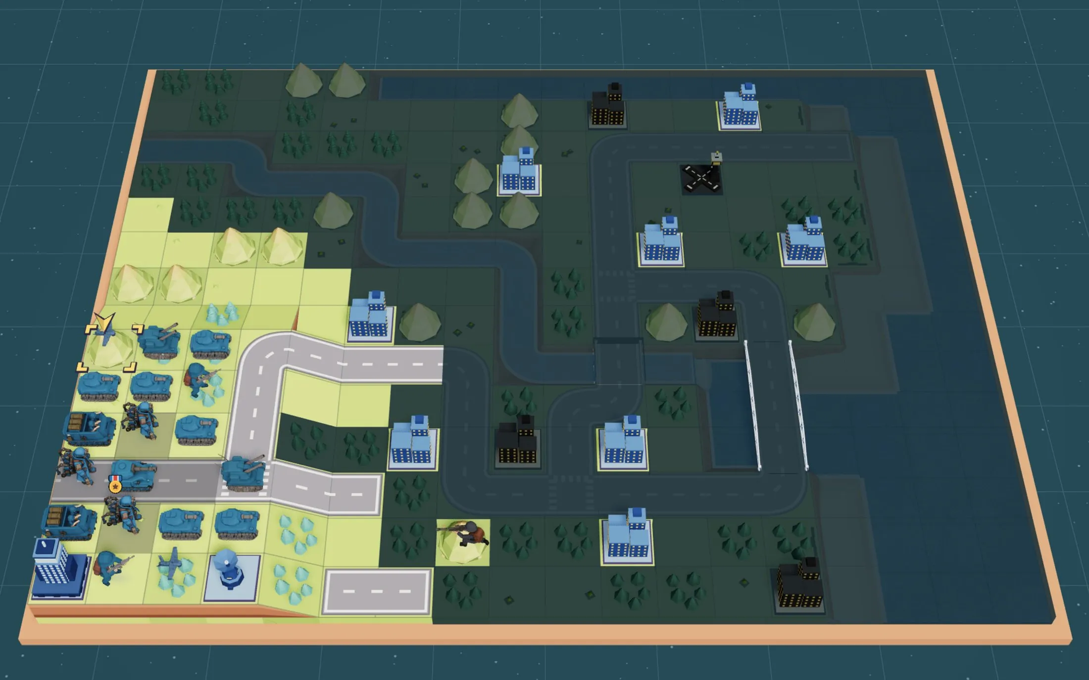 Low Sun campaign M04, Momentum: Fog of war: you only see what your units see. Armour, air and a coastline to scout.