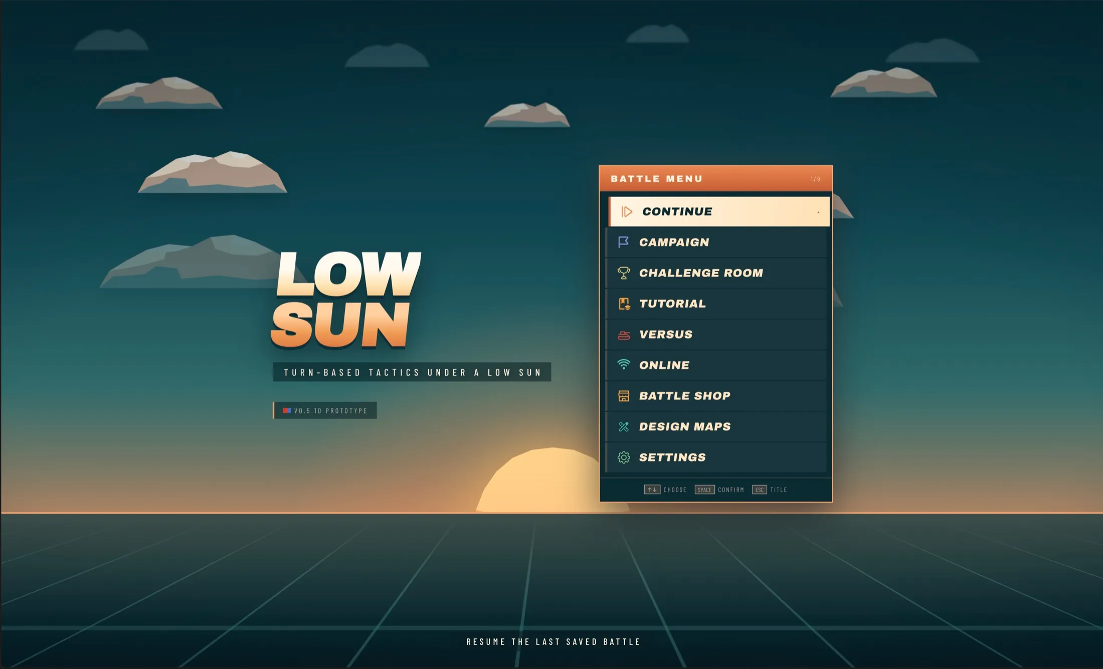 Low Sun: The main menu of the current prototype build.